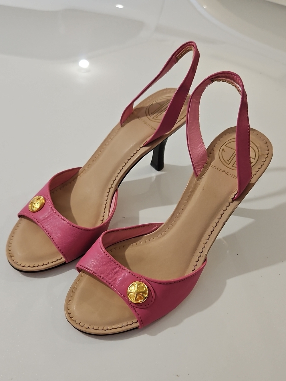 Tory Burch Hot Pink Leather Slingback Heels with Gold Emblem
